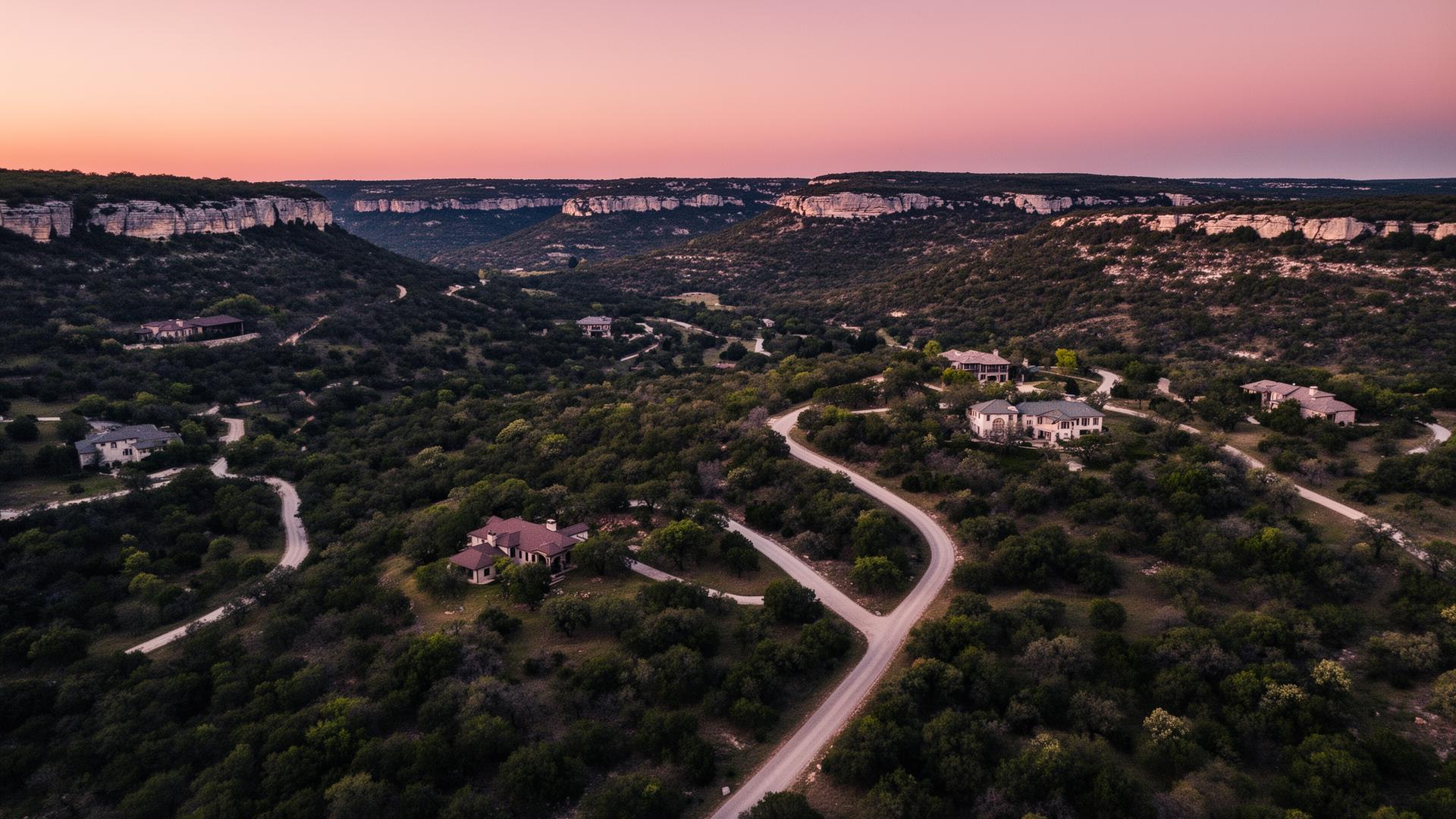 Texas Hill Country at golden hour over a Boerne ranch property